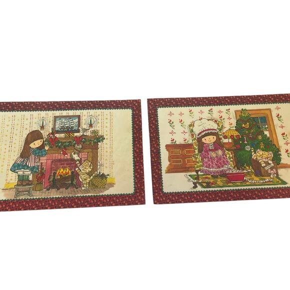 Vintage 1977 Two Cindy Doll Christmas Laminated Place Mats Rick Rack Border - Picture 1 of 5